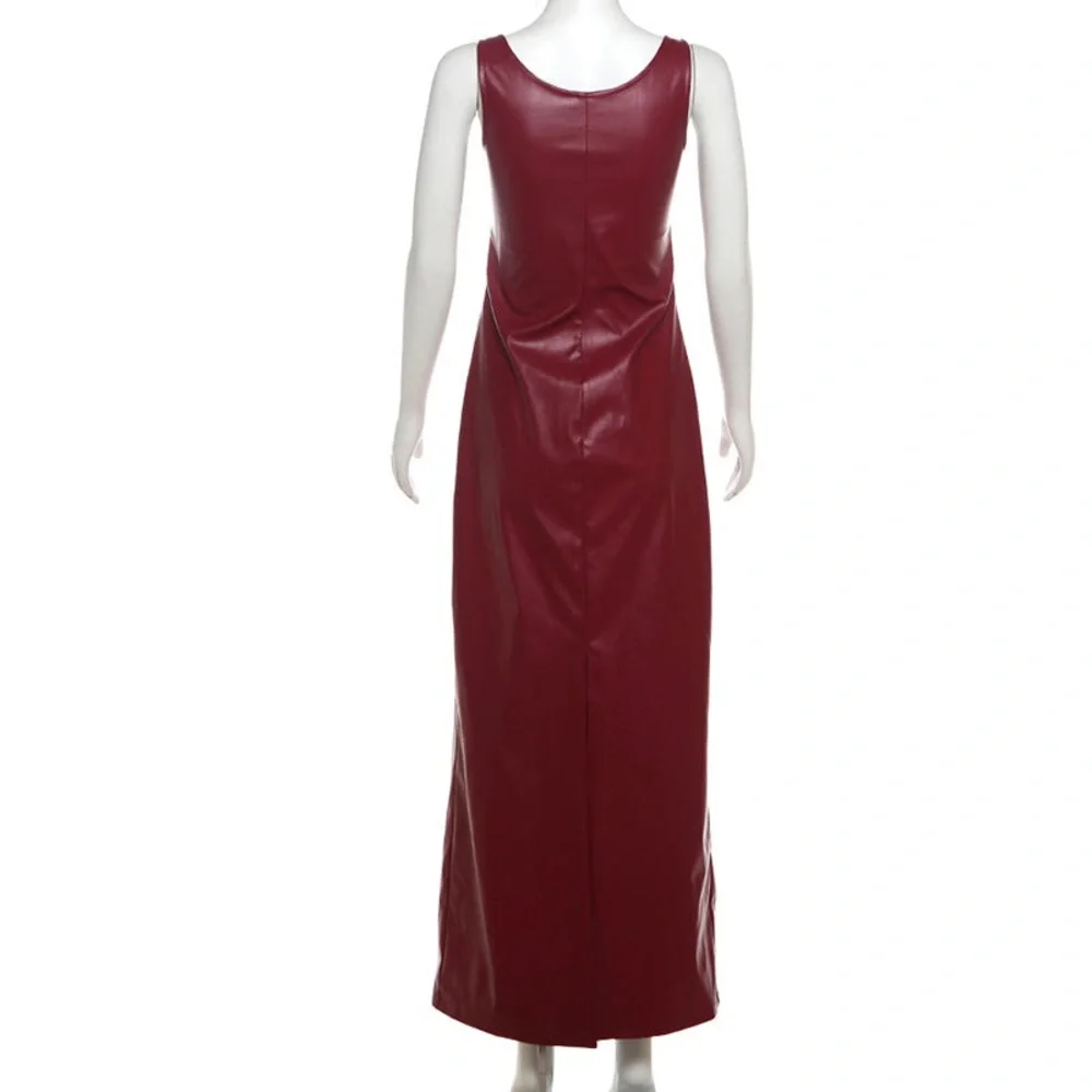Elegant Burgundy Faux Leather Scoop Neck Sleeveless Dress - Picture 3 of 3